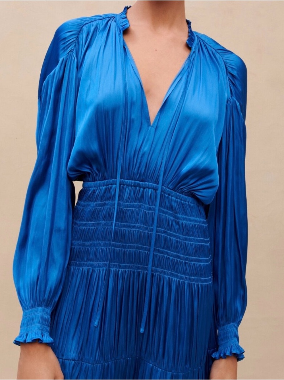 Maje Rivas Cobalt Blue Satin Smocked Mini Dress FR 36 / US 4 / Small